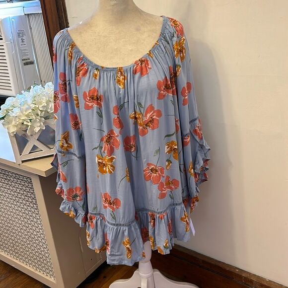 Fever Tops - Fever blue pink floral long statement sleeve cut out blouse Size L New
